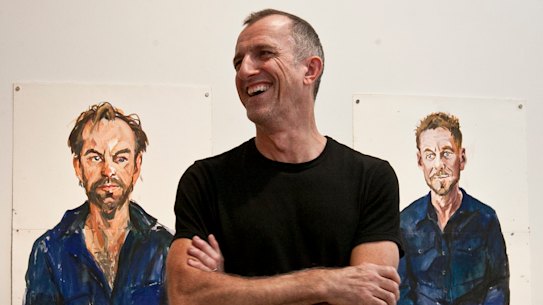 Nicholas Harding in 2014 during the mounting of his portraits of Richard Roxburgh and Hugo Weaving for a show at Olsen Irwin Gallery.