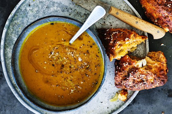 Garlicky sweet potato and chickpea soup served with spiced red onion and feta scones.