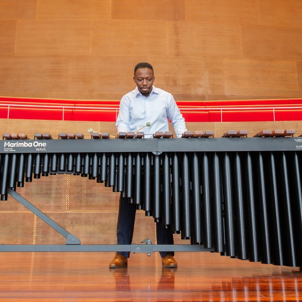 Josh Jones plays the marimba at Jay Pritzker Pavilion in Chicago.