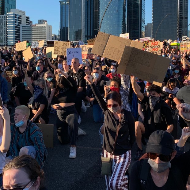 A Black Lives Matter rally in June 2020 spilled from the CBD across Victoria Bridge.