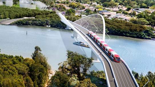 An artist’s impression of the second stage of the light rail line over Parramatta River between Melrose Park and Wentworth Point.