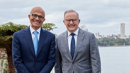 Microsoft chief executive Satya Nadella with Prime Minister Anthony Albanese.