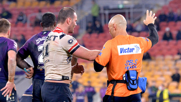 Boyd Cordner is taken from the field after suffering a serious head knock.