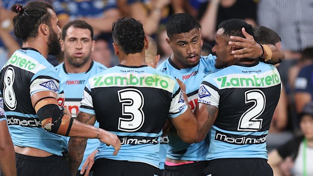 Ronaldo Mulitalo’s try hands Cronulla a 10-point lead.