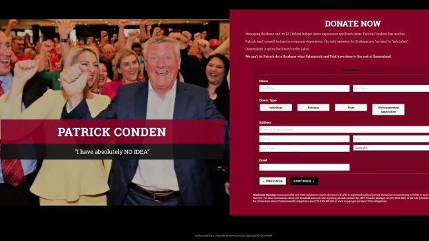 The website uses a photo from Pat Condren's campaign launch and a misspelt version of his name.