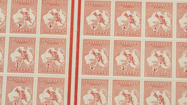 A sheet of 120 1d red kangaroo stamps, Australia's first stamp.