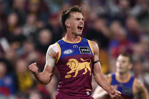 Daniel Annable celebrates his first AFL goal.