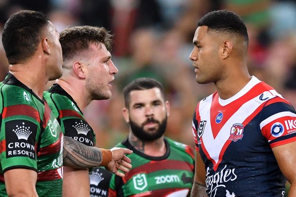 Round two ... Jai Arrow greets Roosters rookie Daniel Suluka-Fifita after the Rooster was sent to the sin bin this year.