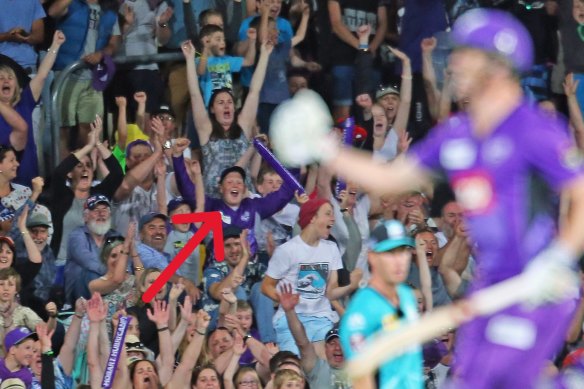 Mitch Owen in the crowd as a teenager as George Bailey celebrates a Hobart Hurricanes win in 2015.