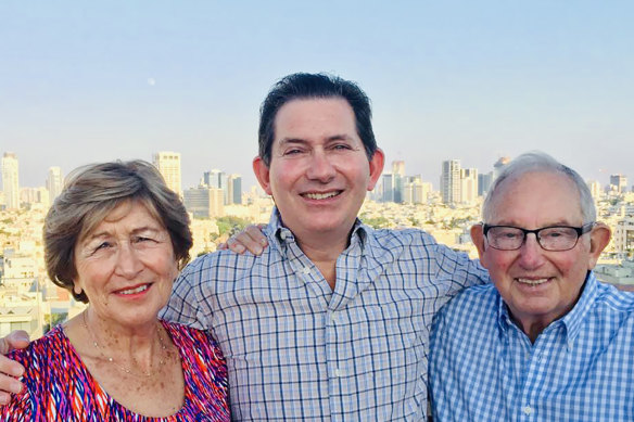 Ian Jacobs (centre) says that after the death of his father, Sidney, it has become increasingly difficult to look after his British-based mother, Shirley, from Australia.  