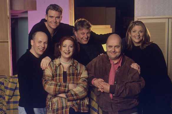 Julia Zemiro (back right) in the cast of Totally Full Frontal in 1998.