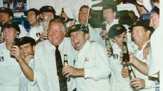 The Australian Cricket team celebrates winning the fourth test against the West Indies in Adelaide. They retain the Frank Worrell Trophy. January 28, 1996. (Photo by David Gray).