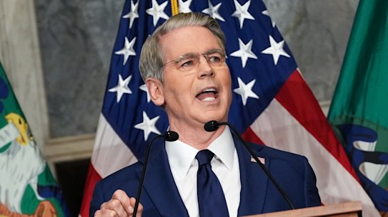 US Treasury Secretary Scott Bessent speaks to reporters.