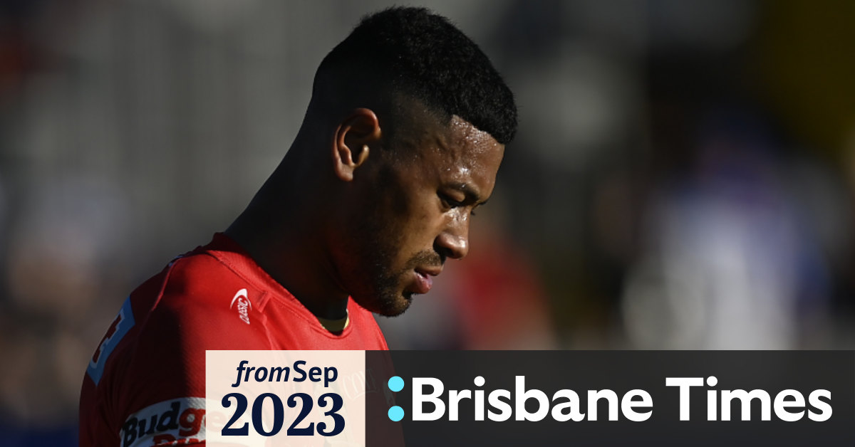 Jamayne Isaako of the Dolphins celebrates a try during the NRL Round 12  match between the Redcliffe Dolphins and the Melbourne Storm at Suncorp  Stadium in Brisbane, Saturday, May 20, 2023. (AAP