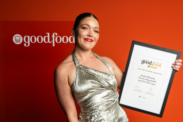 Former hospitality worker Jamie Bucirde was honoured with Victoria’s first Cultural Change Champion award.