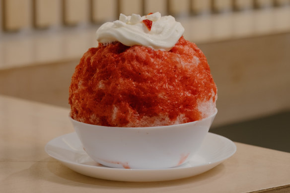 Strawberry cheesecake shaved ice at Kakigori Kaiji in Haymarket.