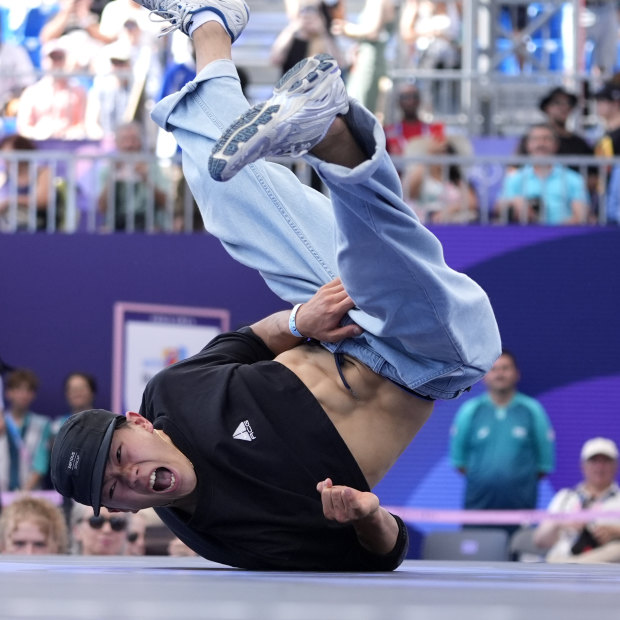 Japan’s Hiroto Ono, known as B-Boy Hiro10 competes in breaking. Tom Decent wants no part in it.