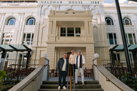 Paul Piticco, Denis Sheahan and Andrew Baturo outside Naldham House.