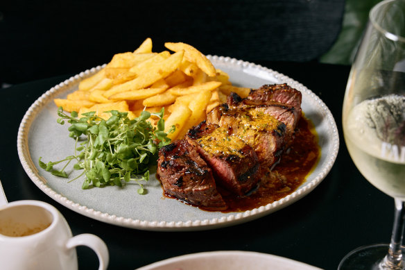 Southern Range Gippsland 350 gram striploin  with house fries, pepper sauce and café de Paris butter.