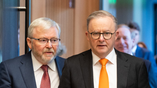 Australian ambassador to the US Kevin Rudd and Prime Minister Anthony Albanese in Washington on Monday.