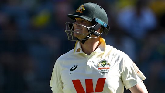 Steve Smith trudges off - a familiar sight for Australia’s batsmen on day one.
