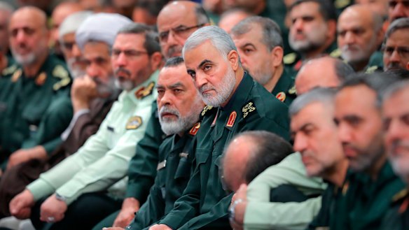 General Qassem Soleimani, centre, attends a meeting of a group of the Iranian Revolutionary Guards Corps members with Supreme Leader Ayatollah Ali Khamenei in Tehran, Iran, in October.  