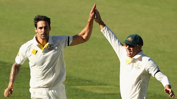 Mitchell Johnson and David Warner in happier days.