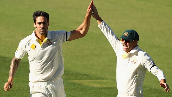 Mitchell Johnson celebrates another wicket, alongside David Warner.