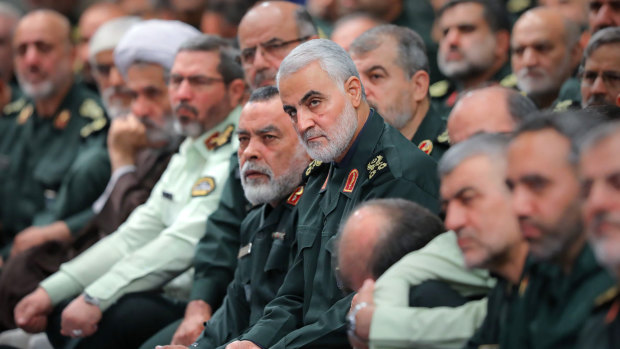 General Qassem Soleimani, centre, attends a meeting of a group of the Iranian Revolutionary Guards Corps members with Supreme Leader Ayatollah Ali Khamenei in Tehran, Iran, in October.  