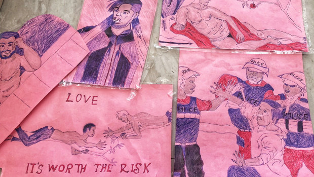 A collection of artwork made by Ugandan LGBT refugees at a safe house on the outskirts of Nairobi, Kenya. 