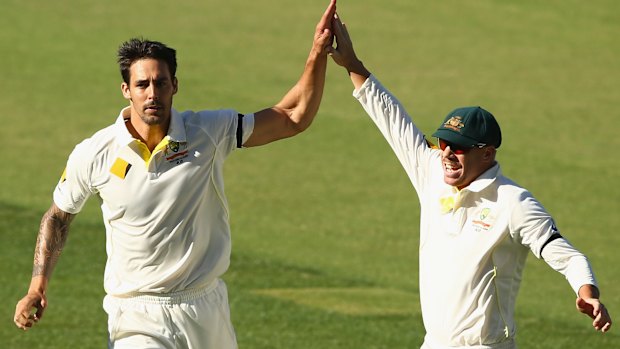 Mitchell Johnson celebrates another wicket, alongside David Warner.