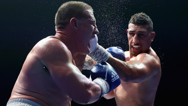 Justis Huni lands a left hand on Paul Gallen during his win over the former league star.