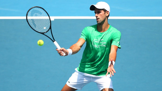 Novak Djokovic goes through his final preparations for the Australian Open at Melbourne Park on Sunday.