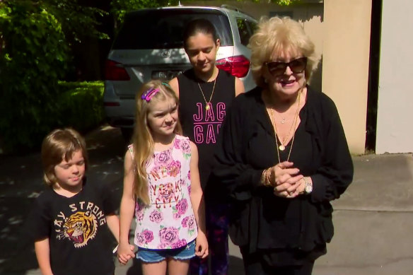 Patti Newton addresses the media outside her Hawthorn home on Sunday following the death of her husband.