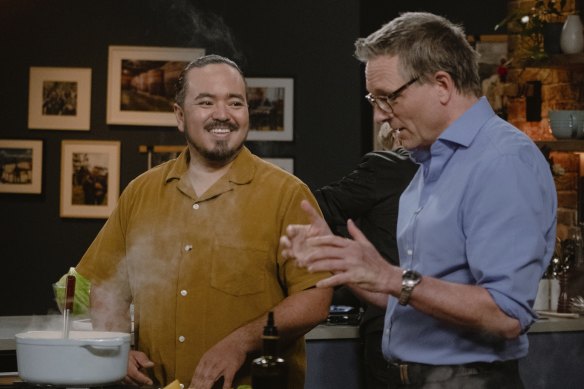Adam Liaw on the set of his nightly show The Cook Up with guest Michael Mosley. 