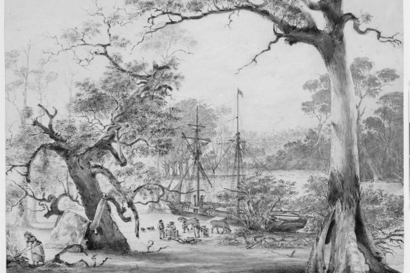 Shows John Pascoe Fawkner’s ship the Enterprise unloading at the Yarra Basin in August, 1835.