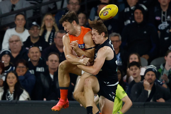 Toby Greene was suspended after this clash with Carlton’s Jordan Boyd