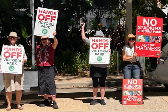 Protesters outside the Brisbane Convention and Exhibition Centre on Wednesday.
