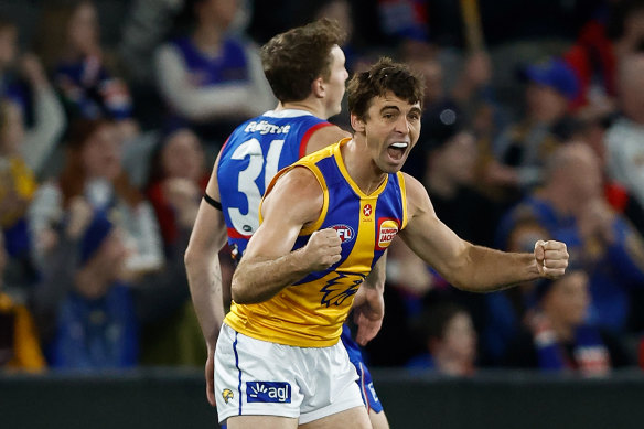A jubilant Jamie Cripps celebrates one of his goals in the Eagles’ win over the Western Bulldogs.