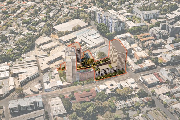 The area marked in red represents phases two and three of The Carpentry project, located on the corner of Parramatta and Pyrmont Bridge Roads in Annandale. Students were asked to come up with hypothetical designs for this site. 