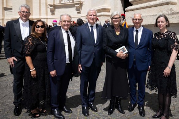 The Australian delegation at Pope Francis’ funeral, from left, ambassador to the Holy See Keith Pitt, Nimfa Farrell and her husband Trade Minister Don Farrell, former deputy prime minister Michael McCormack, Governor-General Sam Mostyn and her husband Simeon Bennett, and ambassador to Italy Julianne Crowley.