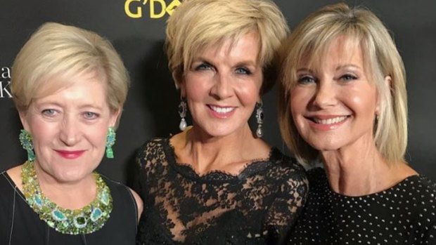 Jewellery designer Margot McKinney, Julie Bishop and Olivia Newton-John at a G'Day USA event. 