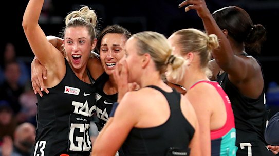 Magpies Zoe Davies, Geva Mentor, Renae Ingles and Shimona Nelson celebrate at the final siren.