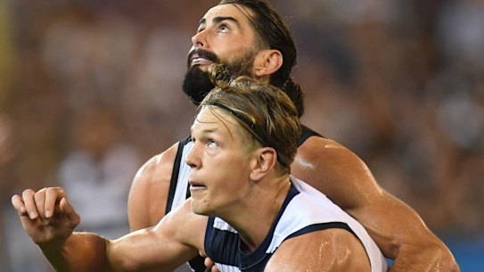 Eyes on prize: Brodie Grundy and Rhys Stanley compete for the ball in the round one match this year between the Pies and Cats.