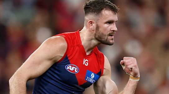 Joel Smith celebrates one of the three goals he kicked against Carlton in last year’s semi-final.