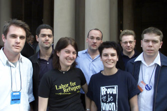 Rising political stars at the 2004 ALP conference. From left, Minns, then Young Labor president, John Graham, Amanda Tattersall, Luke Foley, Karen Iles, Michael Gadiel and  Paul Howes