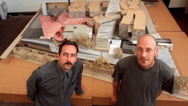 Architects Donald Bates, left, and Peter Davidson in 1998 front of a model of Federation Square.
