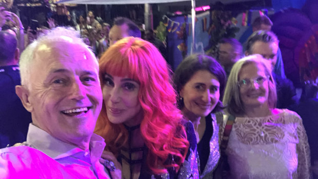 Former PM Malcolm Turnbull takes a selfie with Cher, Premier Gladys Berejiklian, and his wife Lucy Turnbull at Mardi Gras in 2018.