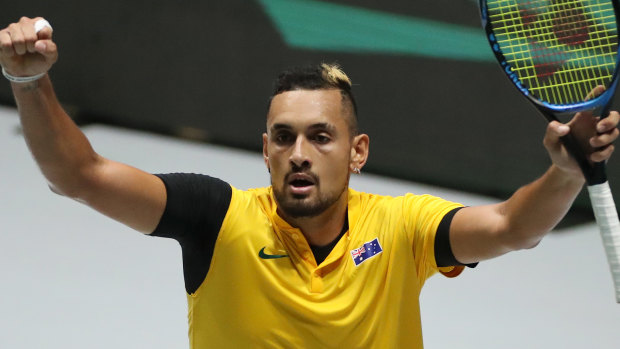 Nick Kyrgios reacts after beating Steve Darcis of Belgium.
