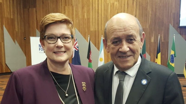 Minister for Foreign Affairs Marise Payne and French Foreign Minister Jean-Yves Le Drian in Melbourne last year. 